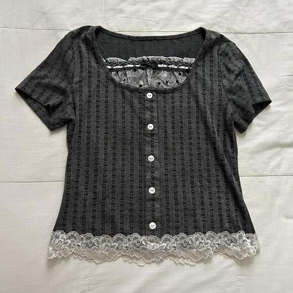 Grey and white lace button detail pointelle crop top - Picture 1 of 6